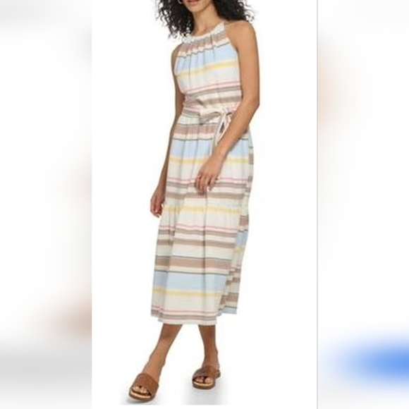 DKNY Cotton Halter Neckline Belt Sleeveless Midi Ivory Multicolor Dress Size 18W - Picture 1 of 12